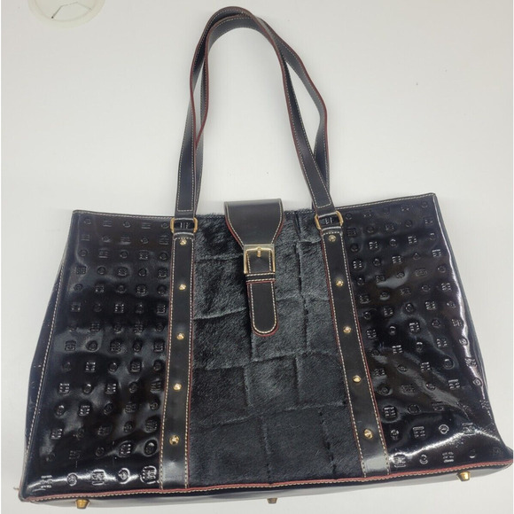 ARCADIA Black Patent Leather Embossed Tote Bag Carryall Handbag Cow Hide‎ - Picture 1 of 12